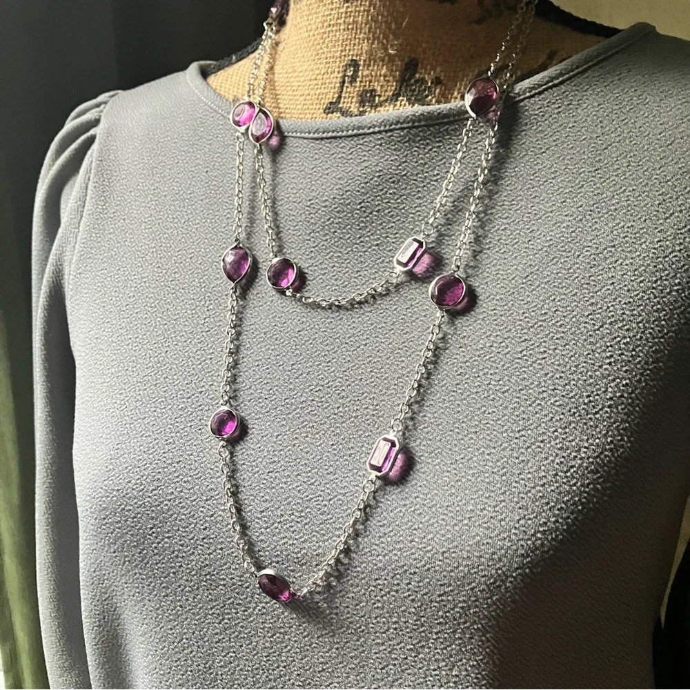 Long purple gemstone and silver chain necklace